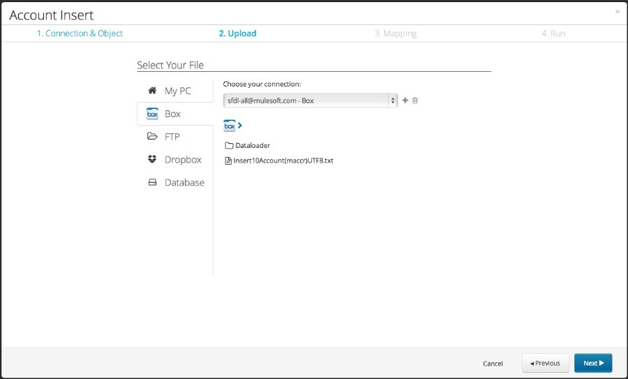Box folder and file list after connection for selecting a CSV file.