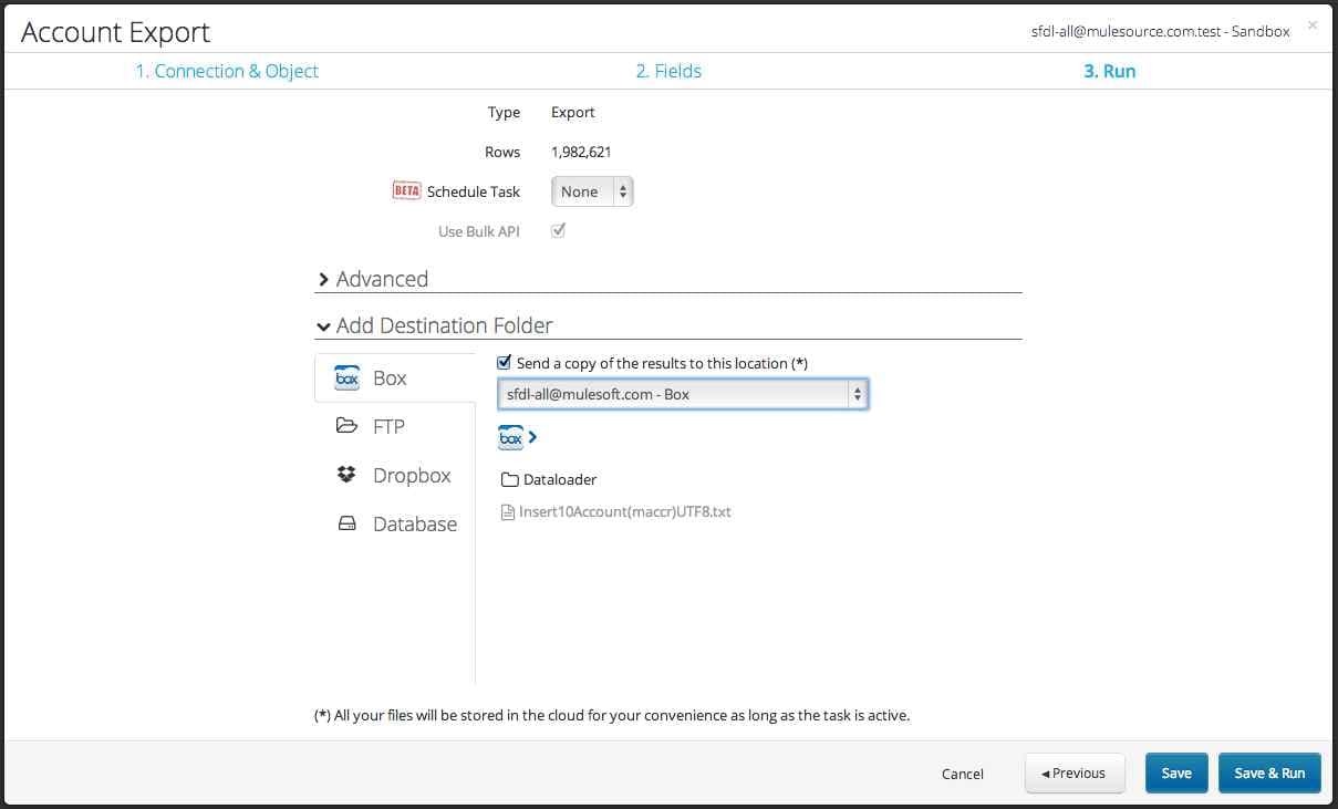 Export Run step with Box tab selected for an external results folder.