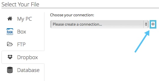 Source file chooser with Dropbox tab and add storage account control.