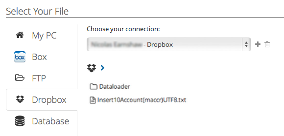 Dropbox folder and file list after connection for selecting a CSV file.