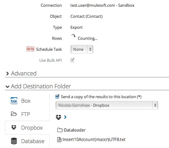 Export Run step with the Dropbox tab selected for an external results folder.