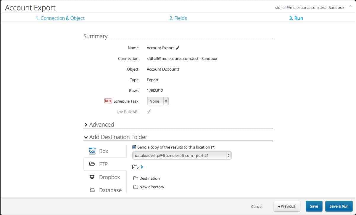 Export Run step with the FTP tab selected for an external results folder.