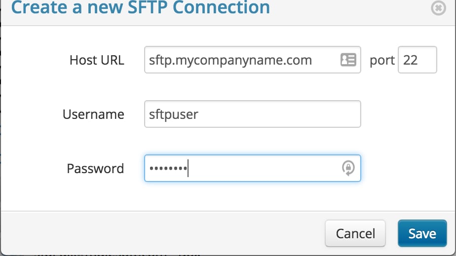 SFTP host, port, username, key, and path fields on the connection form.