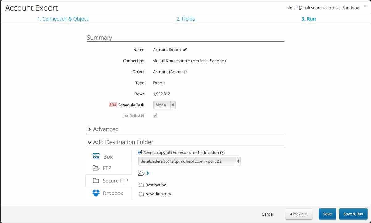 Export Run step with the SFTP tab selected for an external results folder.