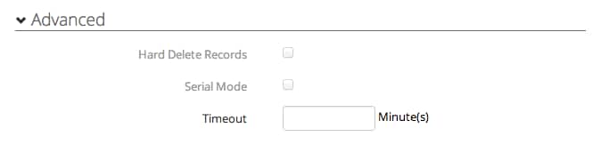 Advanced settings for hard delete, serial mode, and timeout on a delete task.