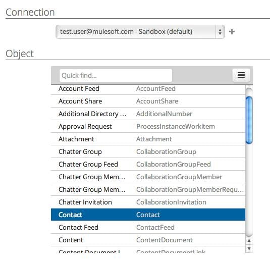 Connection and object list with Contact selected for a delete task.