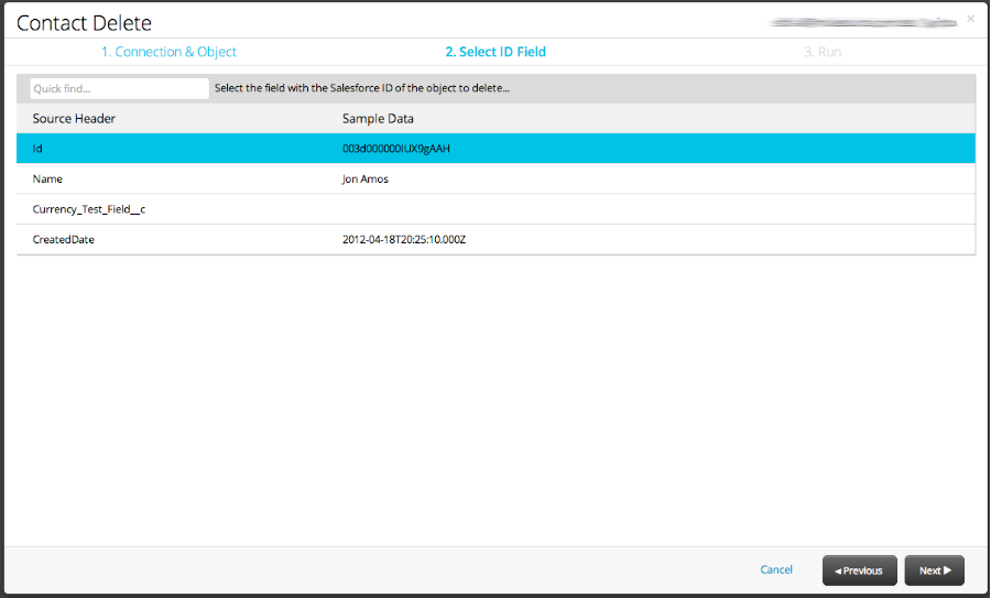 Field-mapping step with the Id column selected for delete IDs.