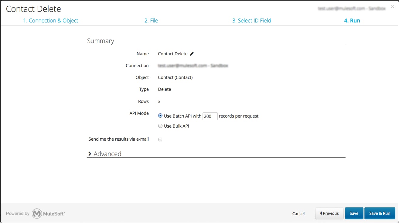Delete task run step showing summary, Bulk API, and Save and Run.