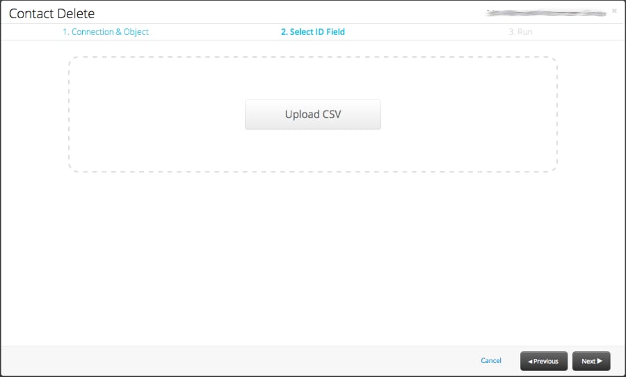 Upload CSV step for a delete task with local file and cloud storage tabs.