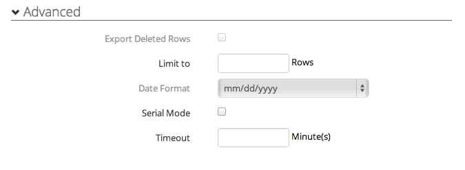 Advanced export settings for deleted rows, row limit, date format, serial mode, and timeout.