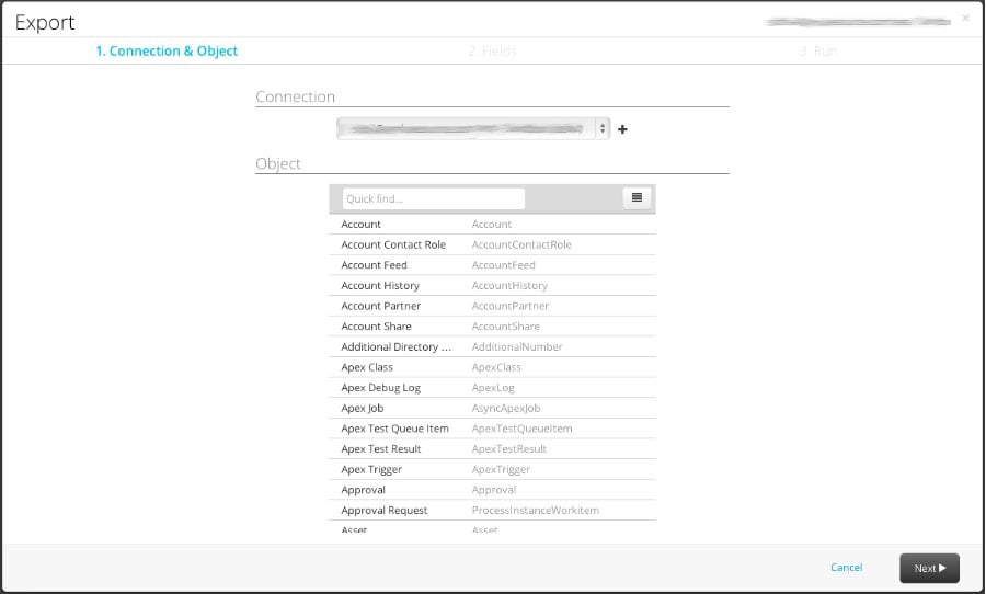 Export task Connection and Object step with connection, object list, and Next.