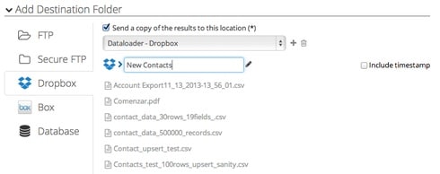 Run step showing Dropbox destination folder New Contacts for exported CSV results.