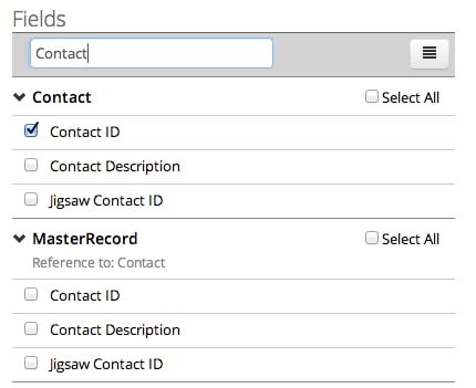 Fields panel with Quick find on Contact, Contact ID checked, and MasterRecord fields listed.