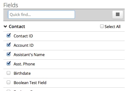 Fields panel for Contact with Contact ID, Account ID, Assistant's name, and Assistant Phone fields checked.