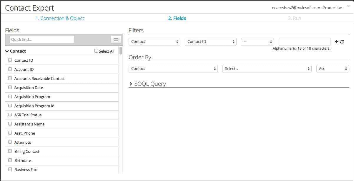 Export query builder with fields, filters, order by, and generated SOQL for Contact.