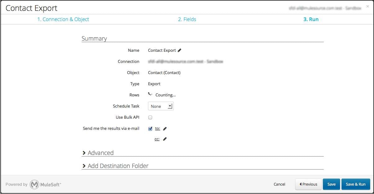 Contact export Run step with summary, Bulk API, email results, Advanced, and Save and Run.