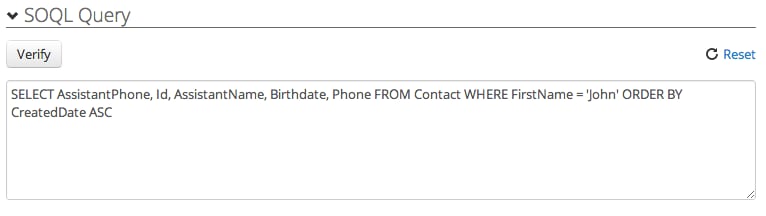 SOQL Query box with Verify and Reset and a Contact query using WHERE and ORDER BY.