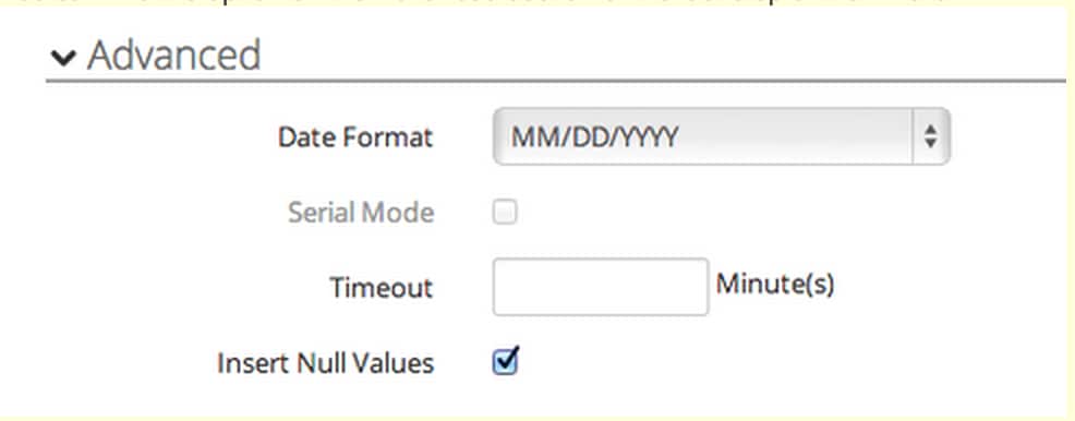 Advanced settings for date format, serial mode, timeout, and stronger security.