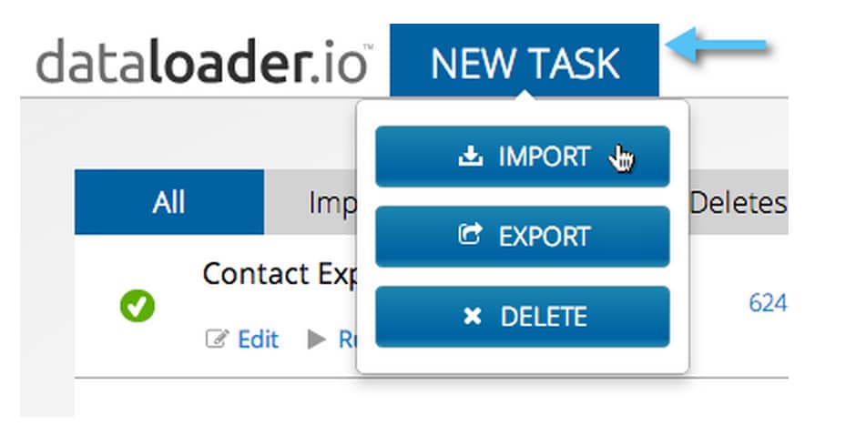 New Task menu with Import selected.