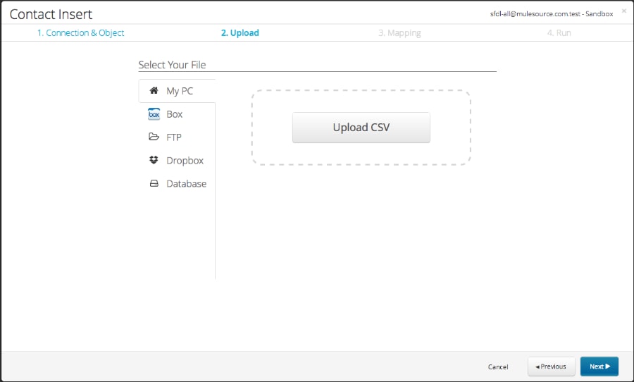 Upload CSV step with local and cloud storage tabs.