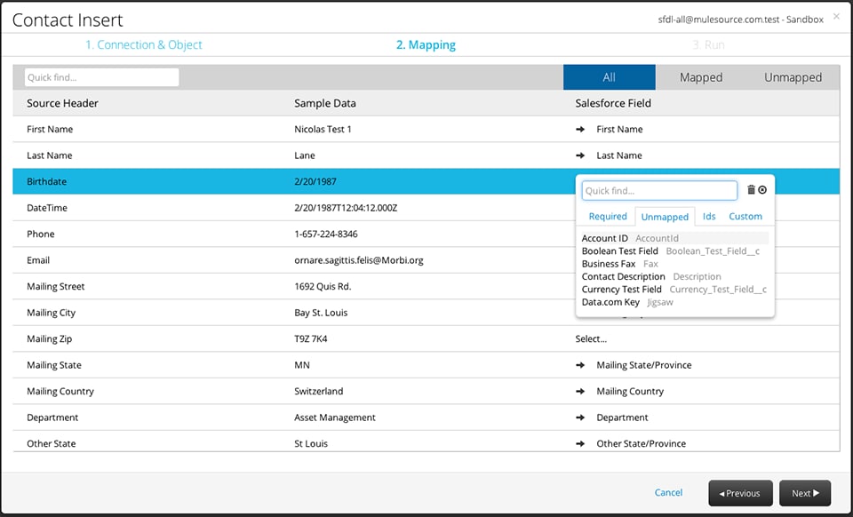Field-mapping table matching CSV columns to Salesforce fields.