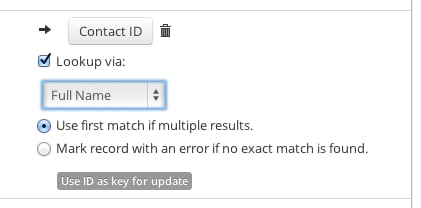 Lookup dialog mapping a CSV column to Account ID with Lookup via enabled.