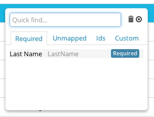 Required fields list showing unmapped mandatory Salesforce fields for insert.