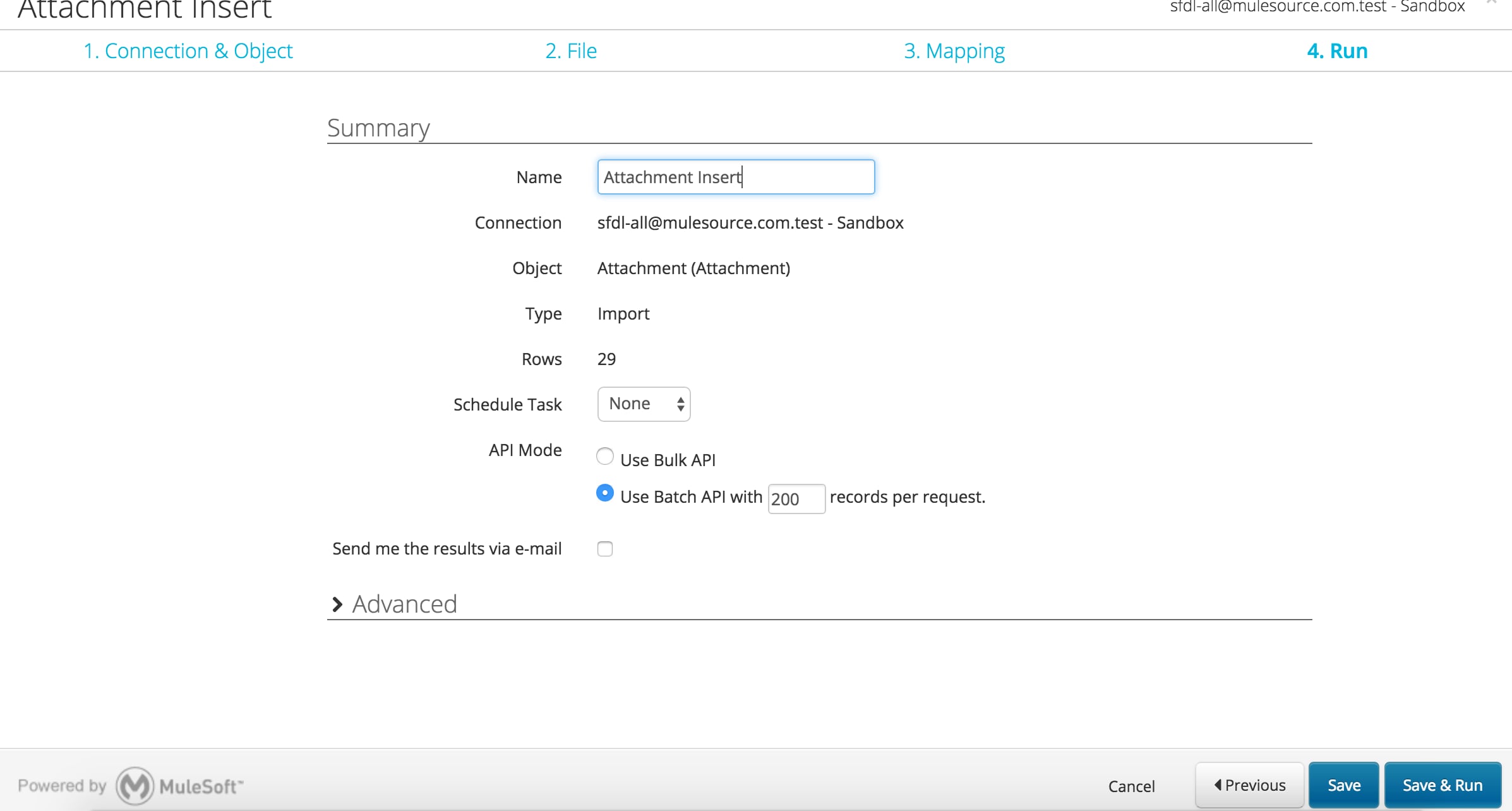 Import task Run step with task name field, summary, Bulk API selection, and Save controls.