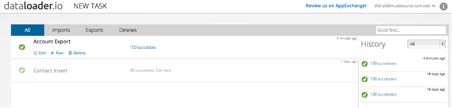 Task list with imports, exports, deletes, and the History panel for the selected task