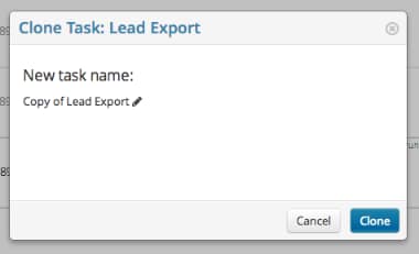 Clone Task dialog for a Lead export with a new task name field.