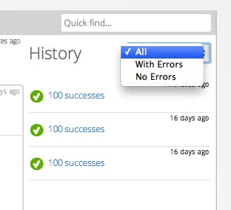 History panel with status filters and rows for each task run.