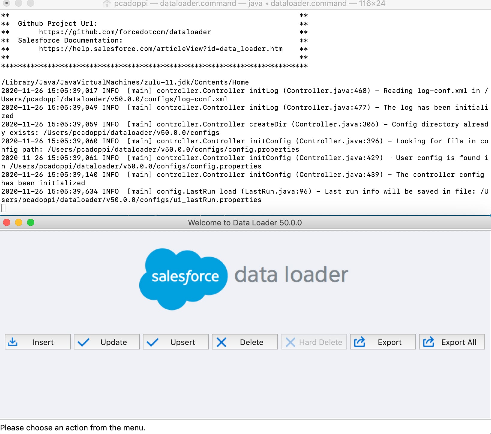 Salesforce Data Loader desktop app window with insert and export actions.
