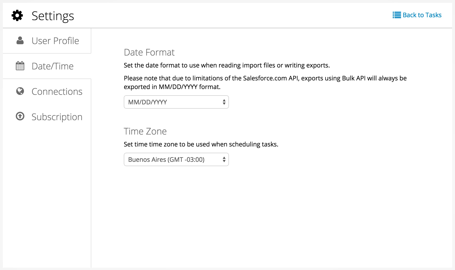Settings Date and Time tab with default date format and time zone controls.