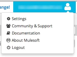 Header user menu expanded with Settings, Community and Support, Documentation, About MuleSoft, and Logout.