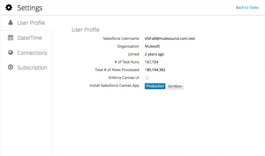 Settings User Profile tab showing account details and Back to Tasks.