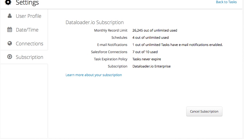 Settings Subscription tab showing plan usage limits and subscription tier.