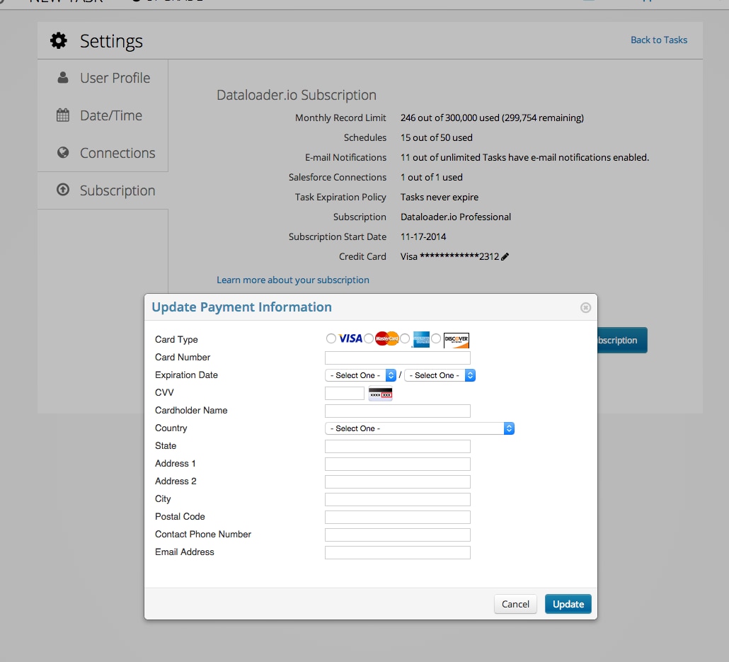 Update Payment Information dialog open from the Subscription tab.
