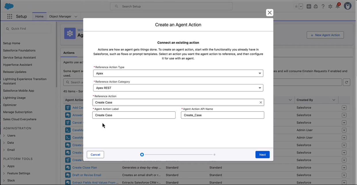 Create agent action in agent builder