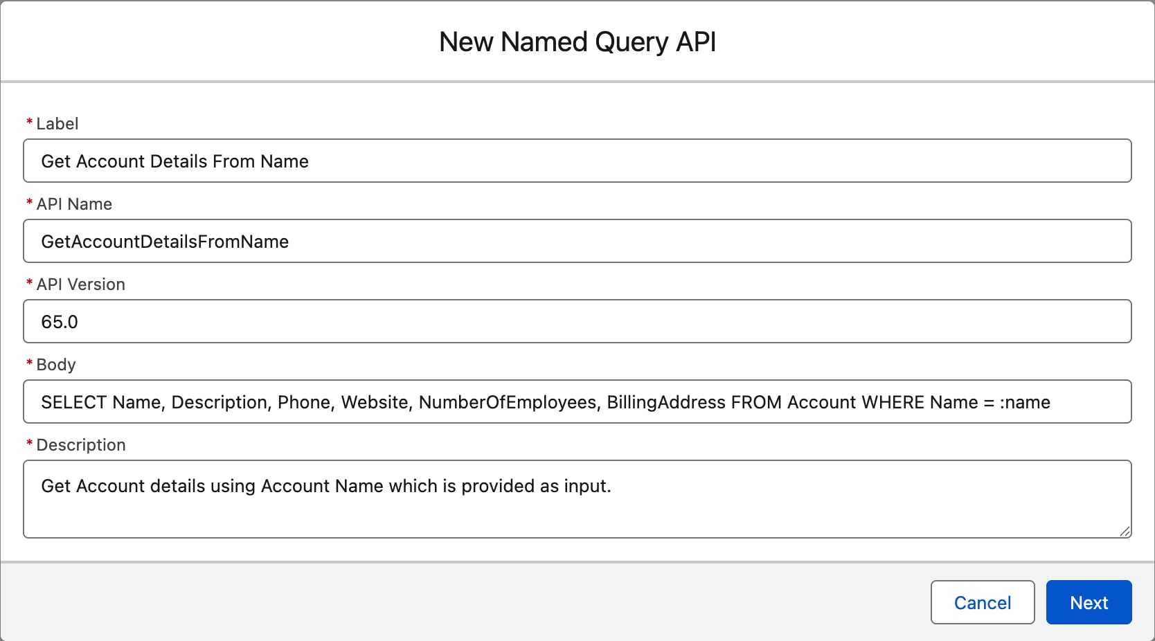 Screenshot of the New Named Query modal.