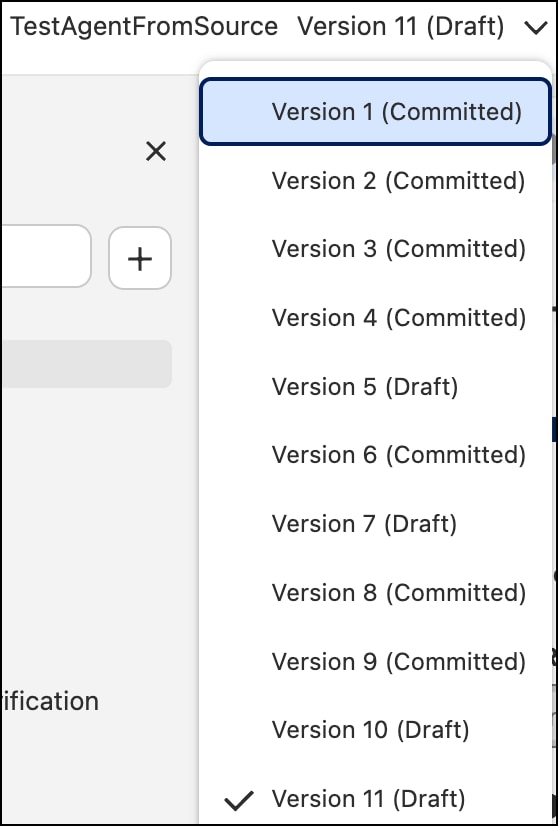 Diagram showing draft AiAuthoringBundle versions that don't match committed Bot/BotVersion numbers
