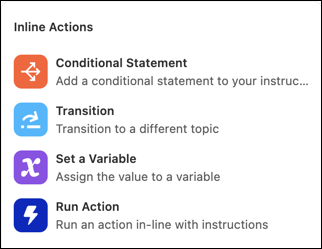 The inline actions shortcut menu, opened with the slash key in Canvas view reasoning instructions
