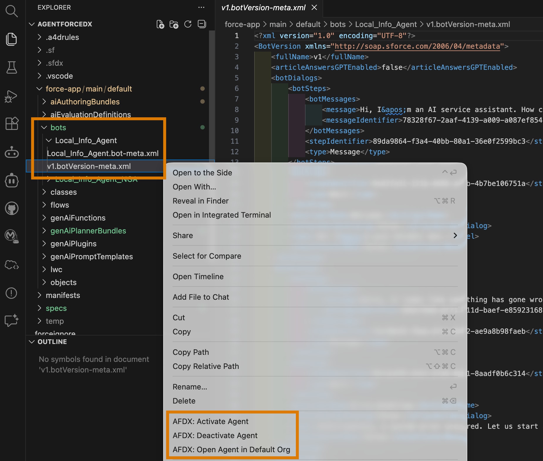 VS Code genAiPlannerBundle MD file open and commands to activate or deactivate the agent from a right-click.