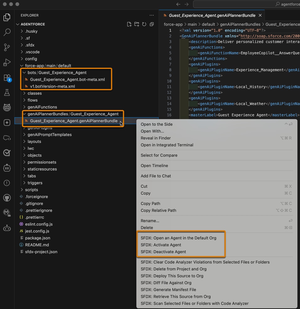 VS Code genAiPlannerBundle MD file open and commands to activate or deactivate the agent from a right-click.