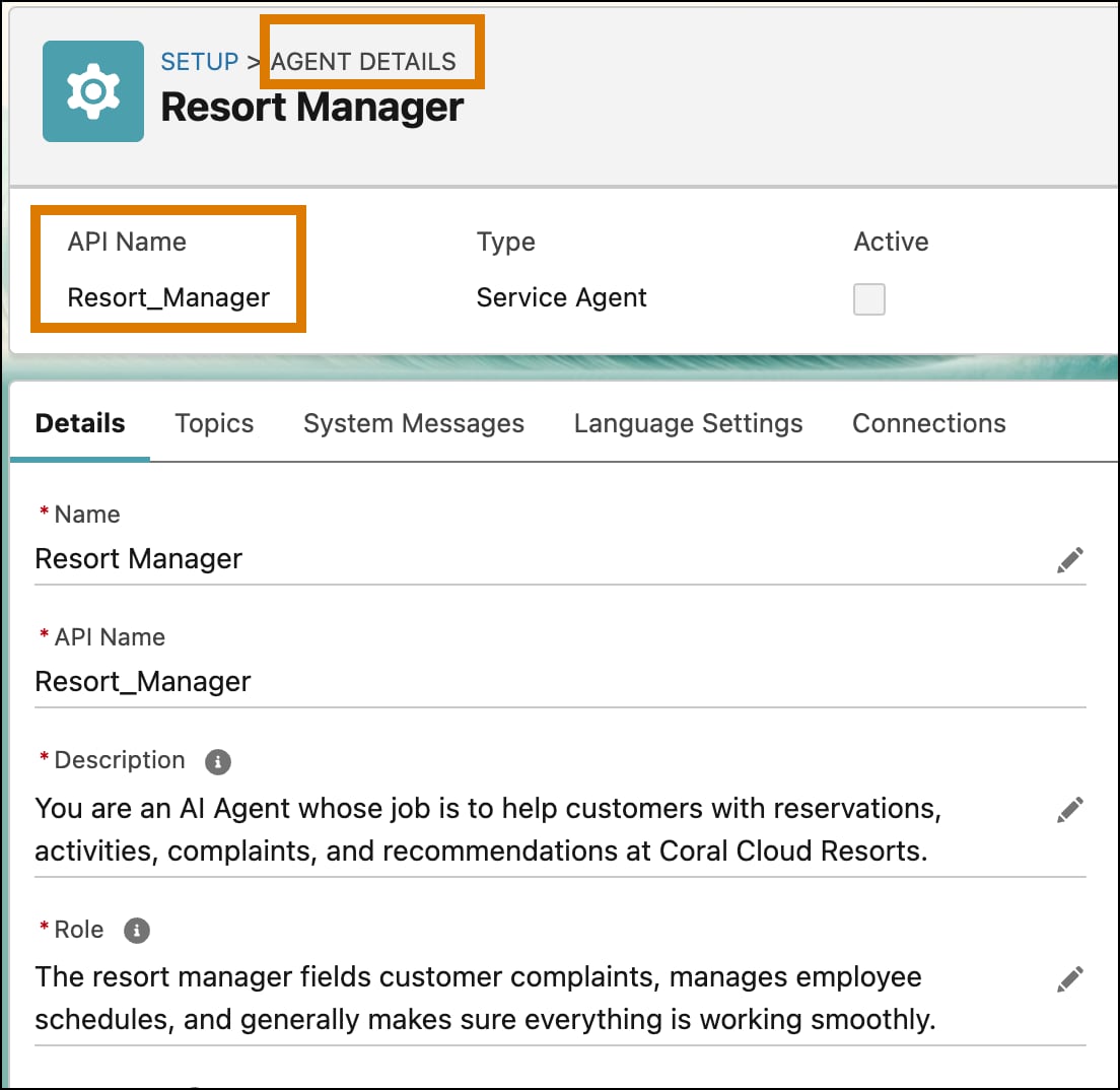 Agent Details page in org's Setup showing the API name of an agent.