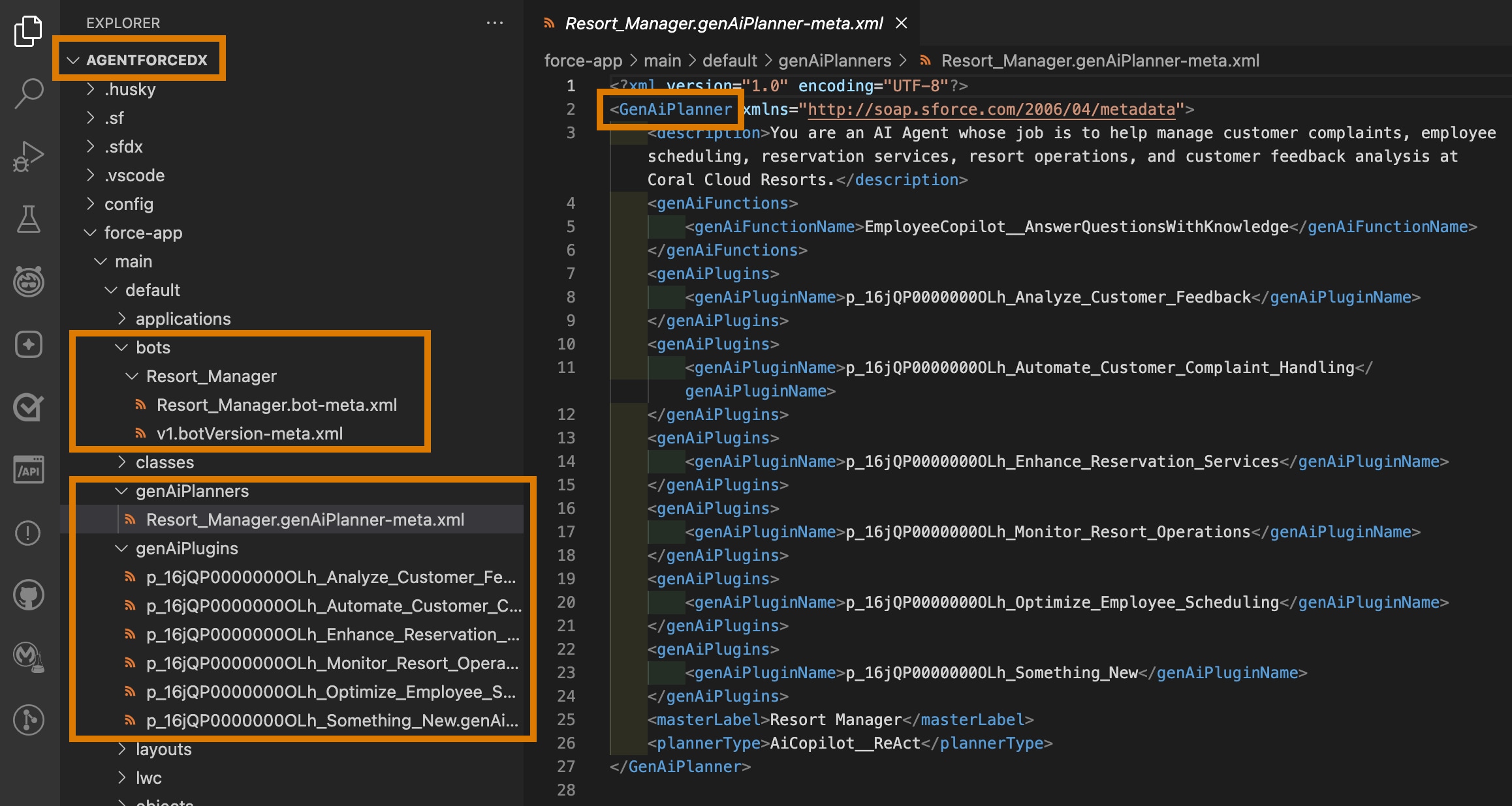 VS Code showing agent metadata in "force-app" package directory in the left explorer panel and an open GenAiPlanner XML file in the right editor panel. 