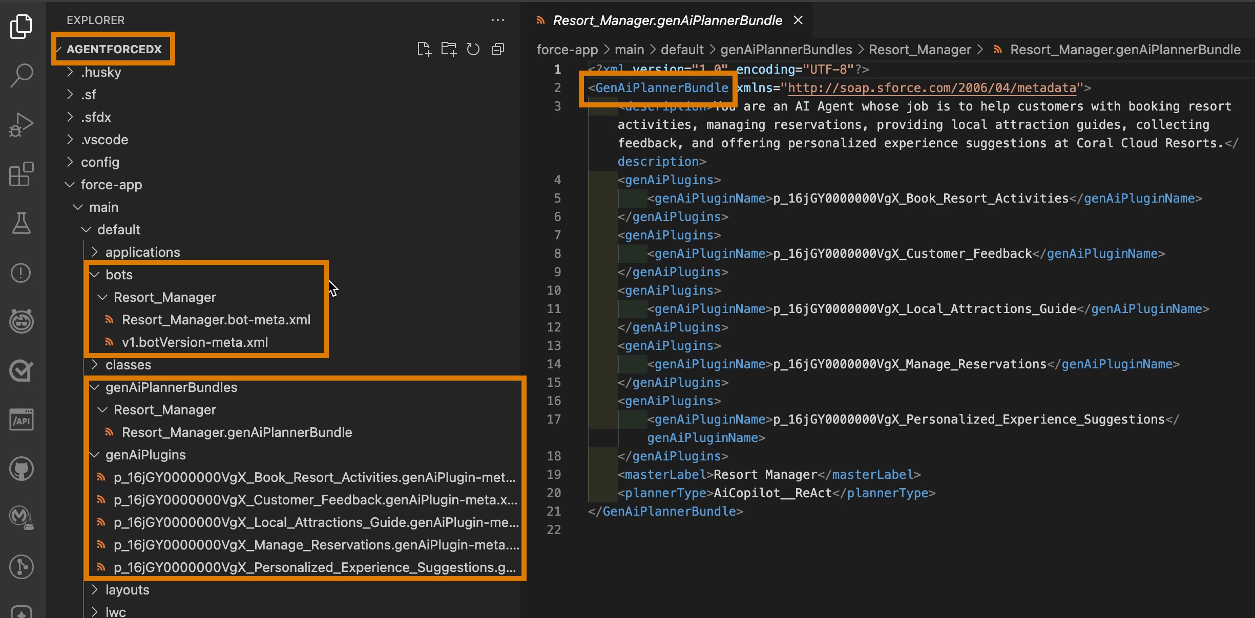VS Code showing agent metadata in "force-app" package directory in the left explorer panel and an open GenAiPlannerBundle XML file in the right editor panel. 