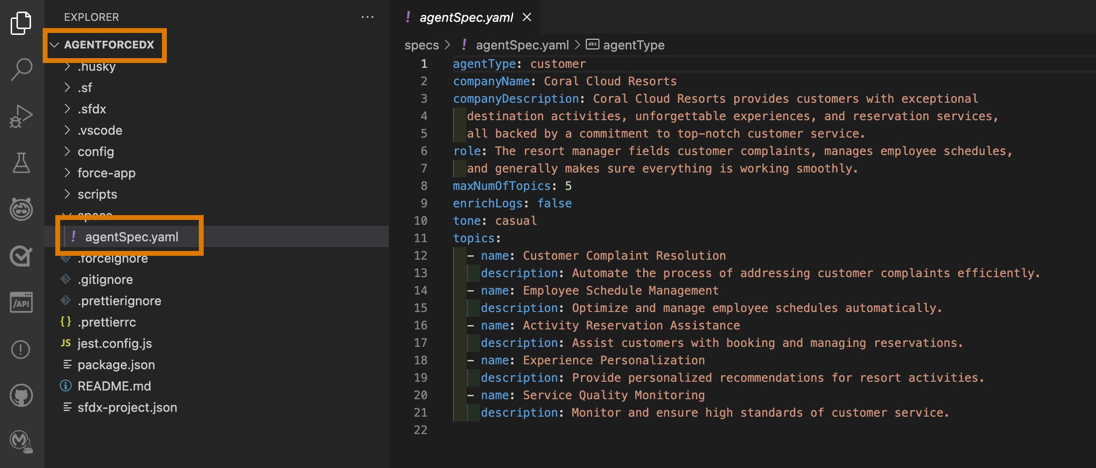 VS Code showing "agentforcedx" DX project in the left explorer panel and a YAML agent spec file in the right editor panel.