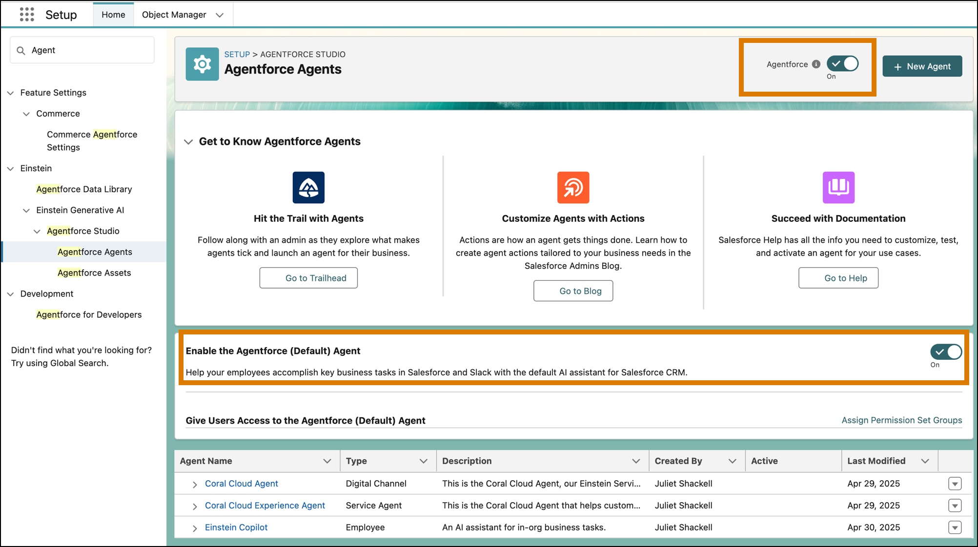 Agentforce Studio page in Setup showing Agentforce enabled.