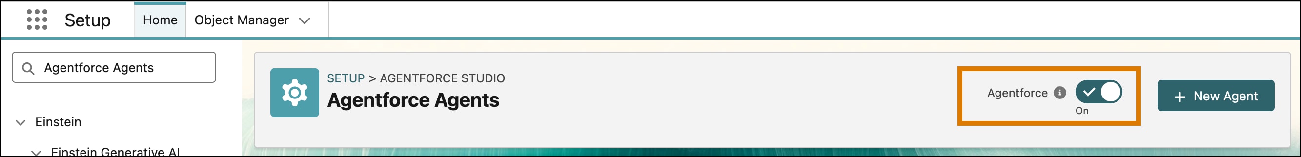 Agentforce Studio page in Setup showing Agentforce enabled.