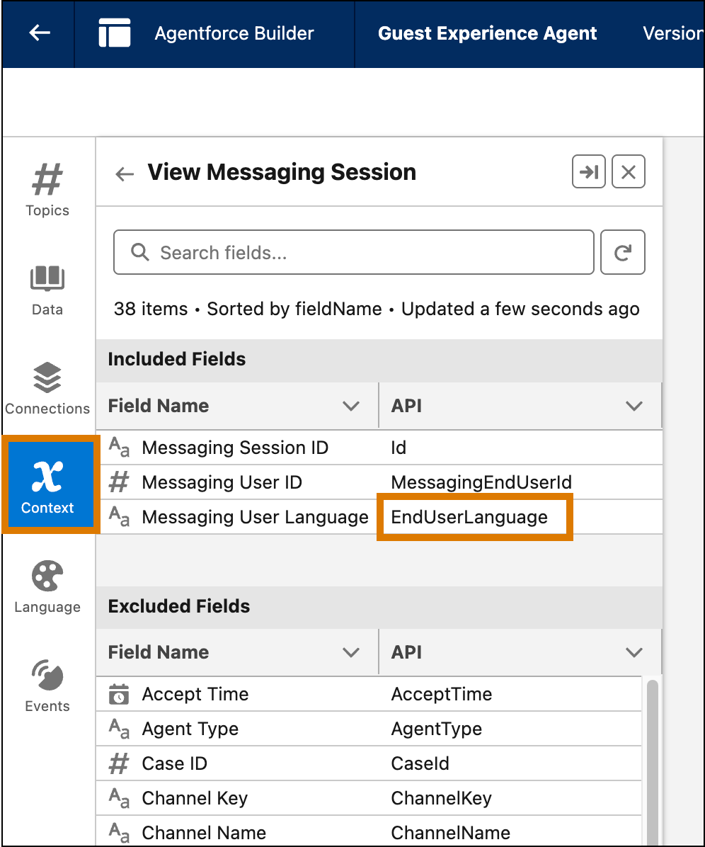 Agent Builder showing the Context tab and EndUserLanguage variable highlighted.